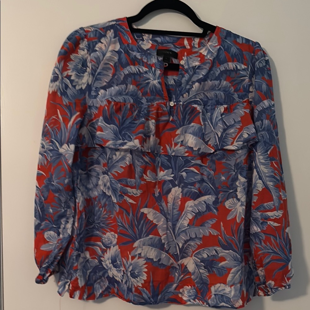 J. Crew Red and Blue Ruffled Blouse with Mandarin Collar